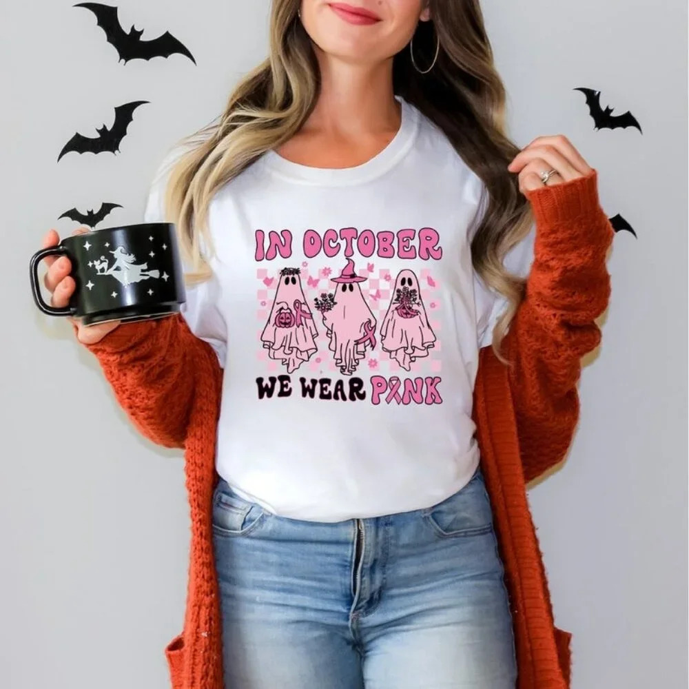 In October We Wear Shirt Breast Cancer Awareness Shirt Cute Ghost Tee